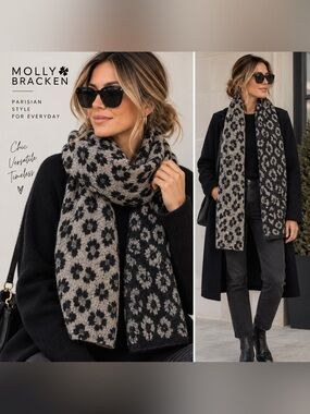Molly Bracken Leopard Print Fringe Scarf Black Gray Oversized